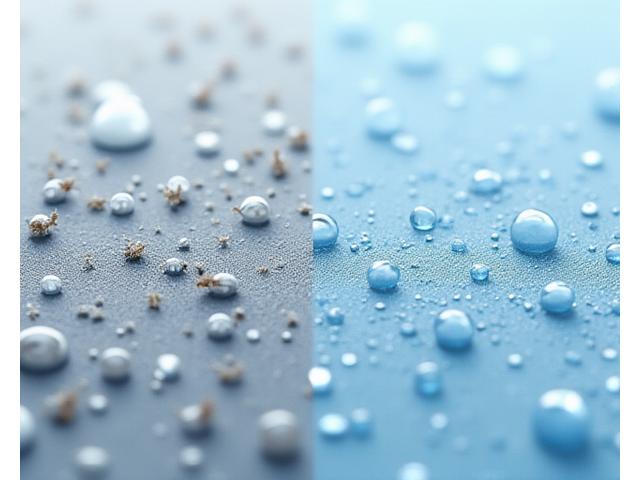 일반 청소와 딥클린의 비교 현미경 이미지. 일반 청소 후에도 남아있는 세균과 곰팡이, 반면 딥클린 후에는 깨끗하게 제거된 미세 표면. 99.9% 살균 효과를 시각적으로 보여줌.