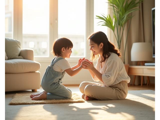 깨끗하고 햇살 가득한 거실에서 아이들이 안전하게 뛰어노는 모습
