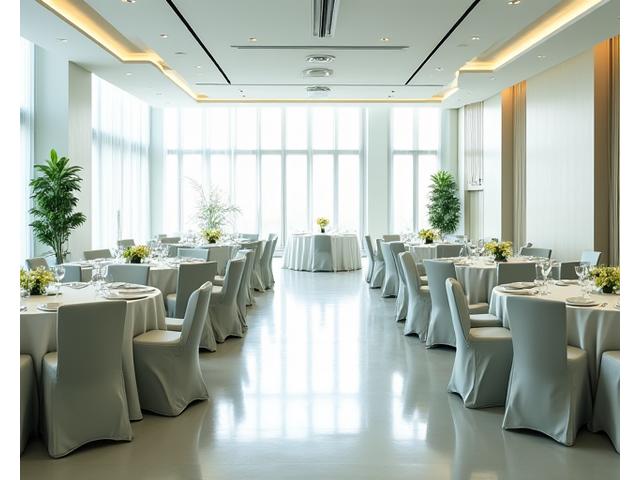 행사 시작 전 깨끗하게 세팅된 테이블과 의자