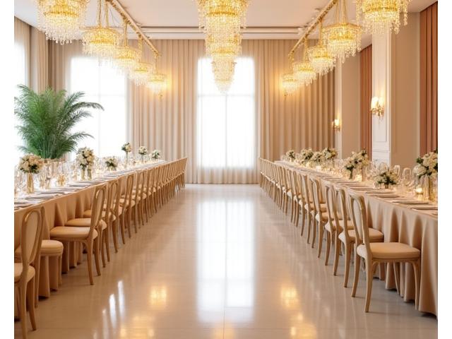 화려한 결혼식 후 깨끗하게 정리된 연회장