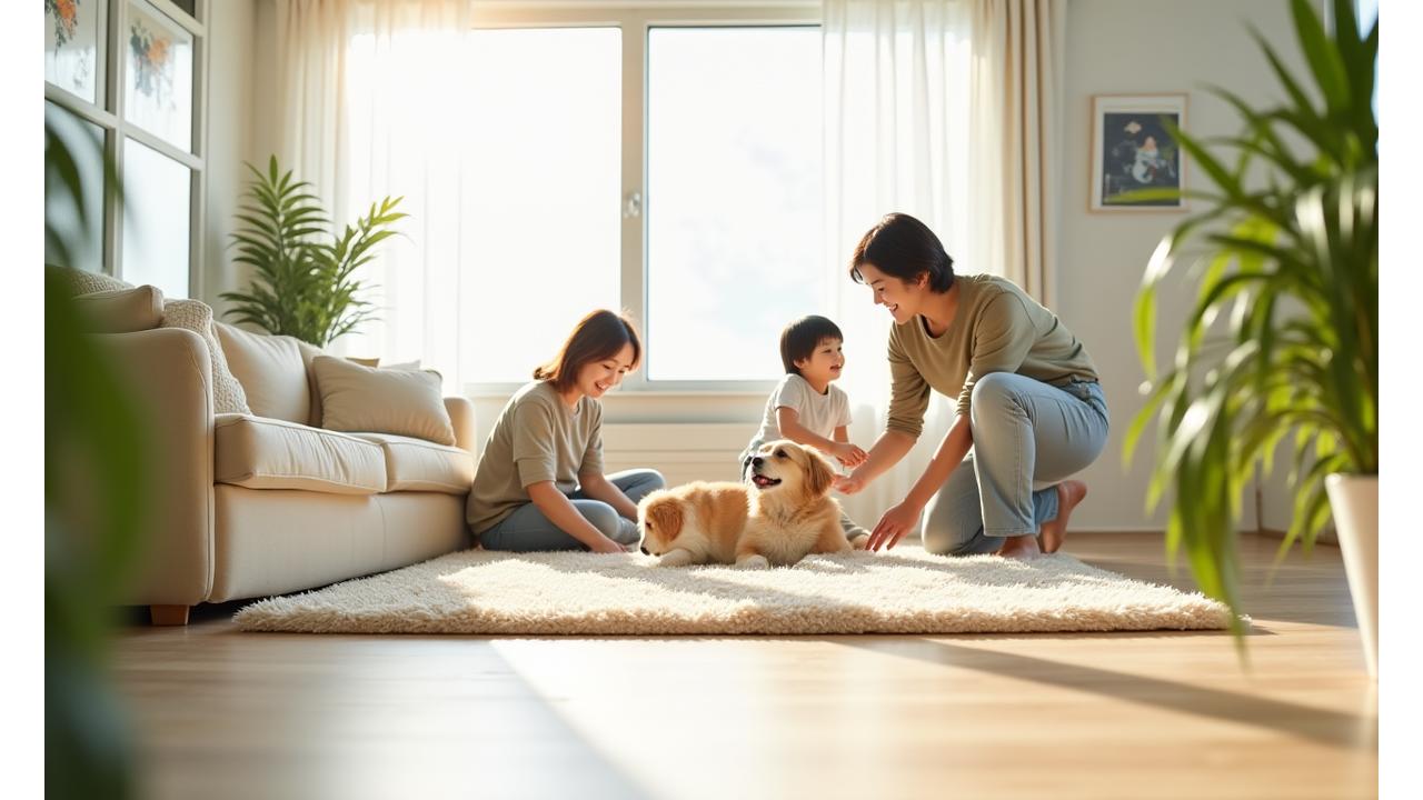 깨끗하고 환한 거실에서 아이와 반려동물이 행복하게 노는 모습
