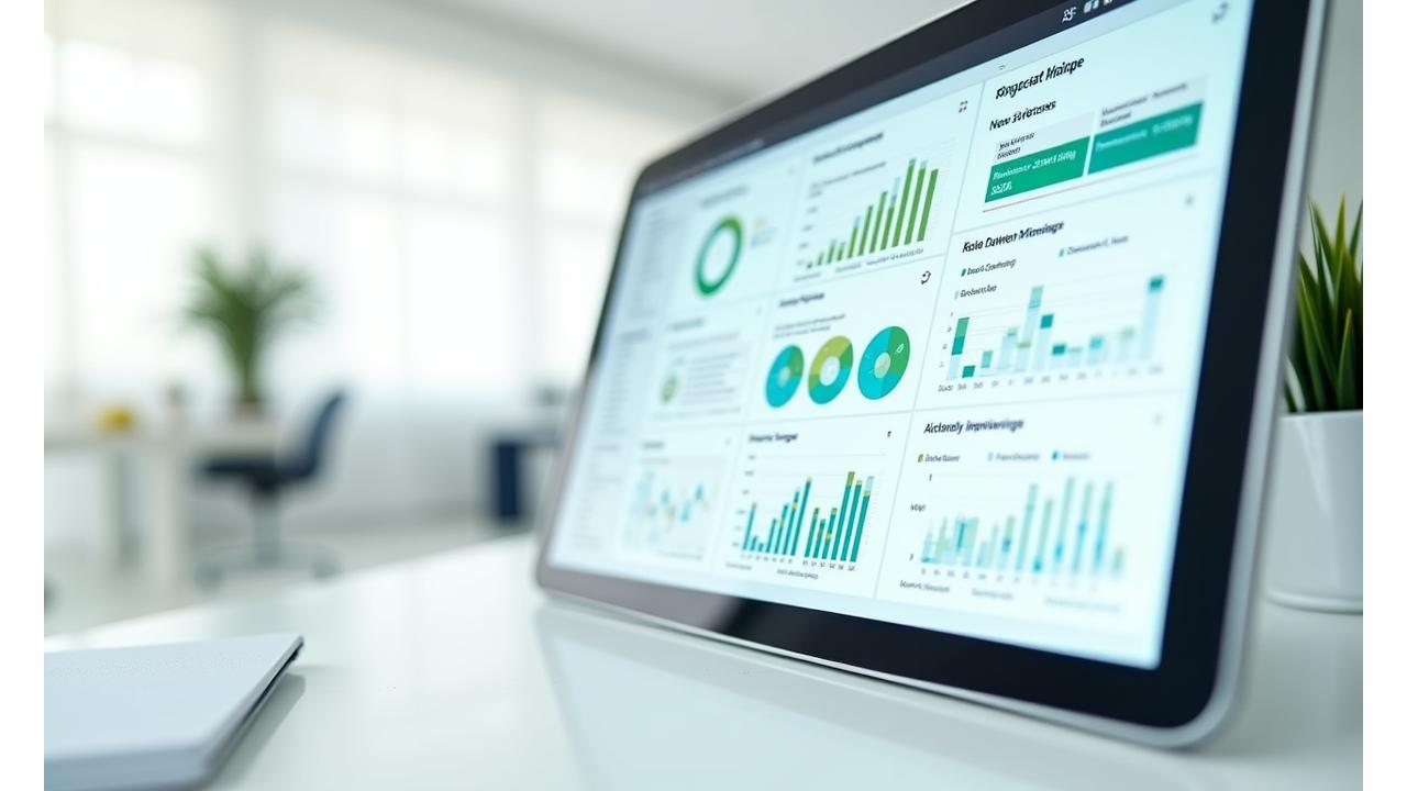 태블릿 화면에 공간별 청결도 지표, 트렌드 분석 그래프, 효율성 통계가 표시된 대시보드