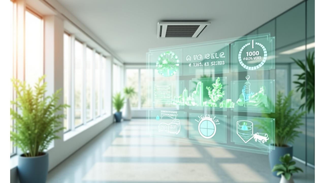 에너지 절약 아이콘과 함께 스마트 조명, 공조 시스템, 물 사용량 게이지가 표현된 친환경 오피스 내부