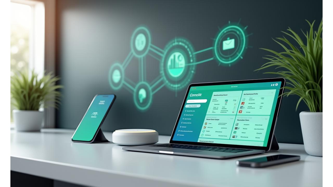 스마트폰 앱, 태블릿 대시보드, 스마트 스피커, 건물 관리 시스템 아이콘이 연결된 생태계 다이어그램