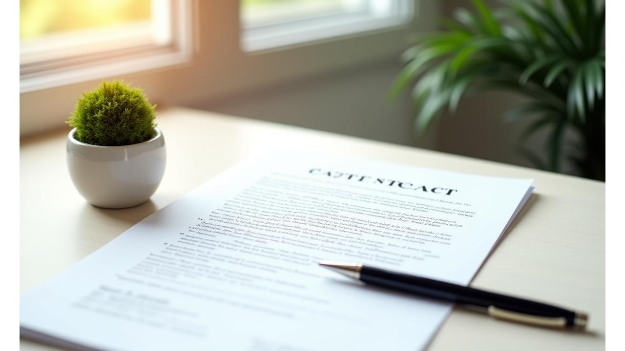 계약서와 펜이 놓인 깔끔한 책상, DawnDew Stewardship의 투명한 서비스 약관을 상징합니다.