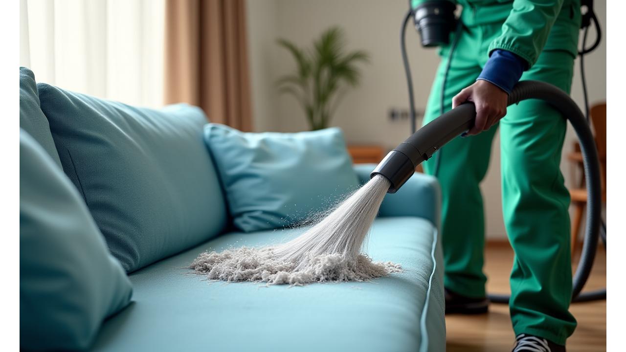 전문가가 강력한 카펫 청소기로 소파의 깊은 오염을 말끔히 제거하는 모습, 투명한 호스를 통해 더러운 물이 배출되는 것이 보임