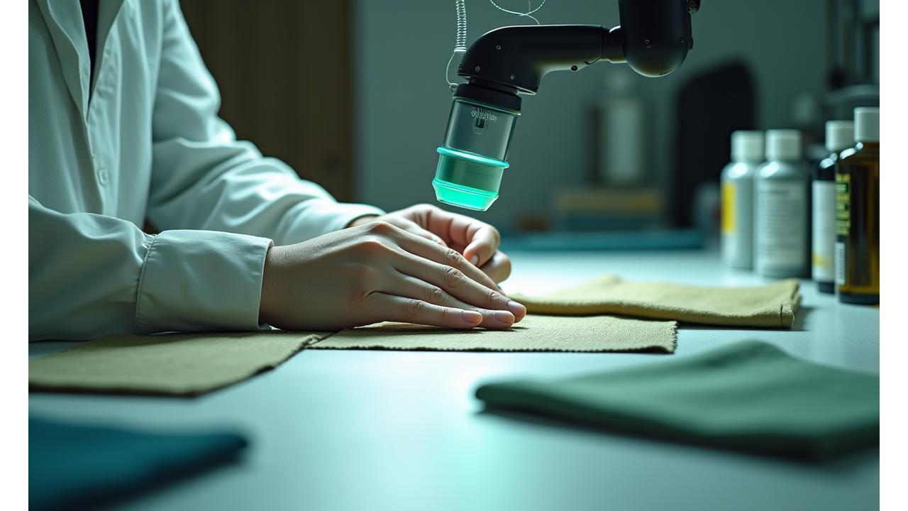다양한 종류의 패브릭 견본들이 놓여 있고, 한 전문 청소사가 현미경으로 섬유 상태를 확인하는 모습