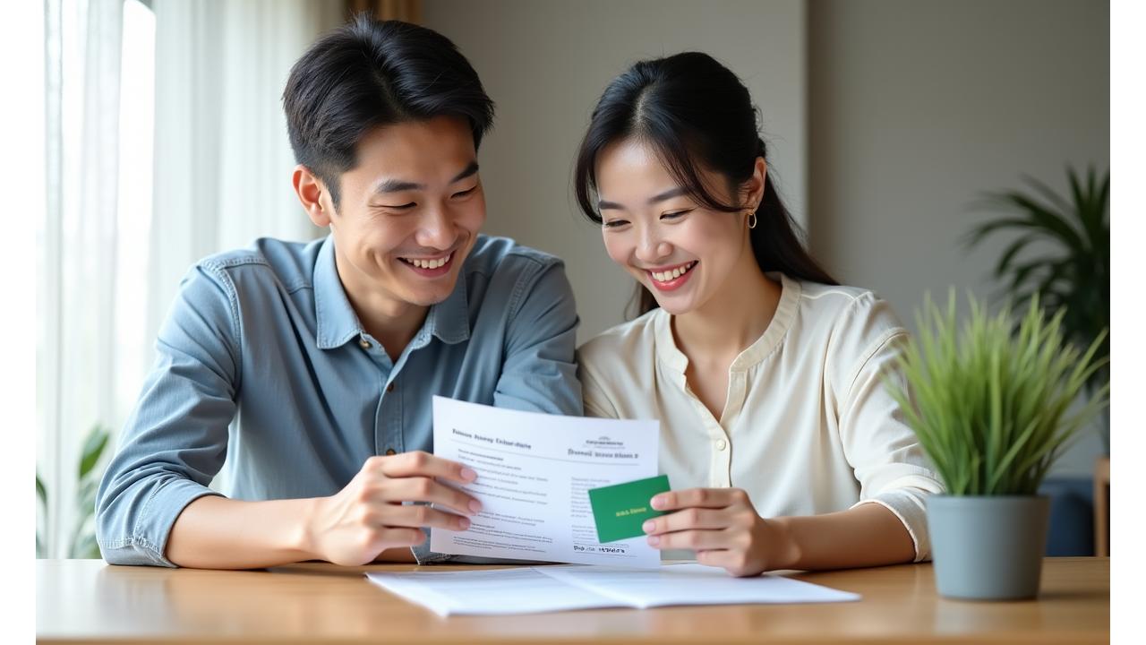 한 가정에서 DawnDew Stewardship의 서비스 명함과 견적서를 확인하며 만족스럽게 미소 짓는 부부