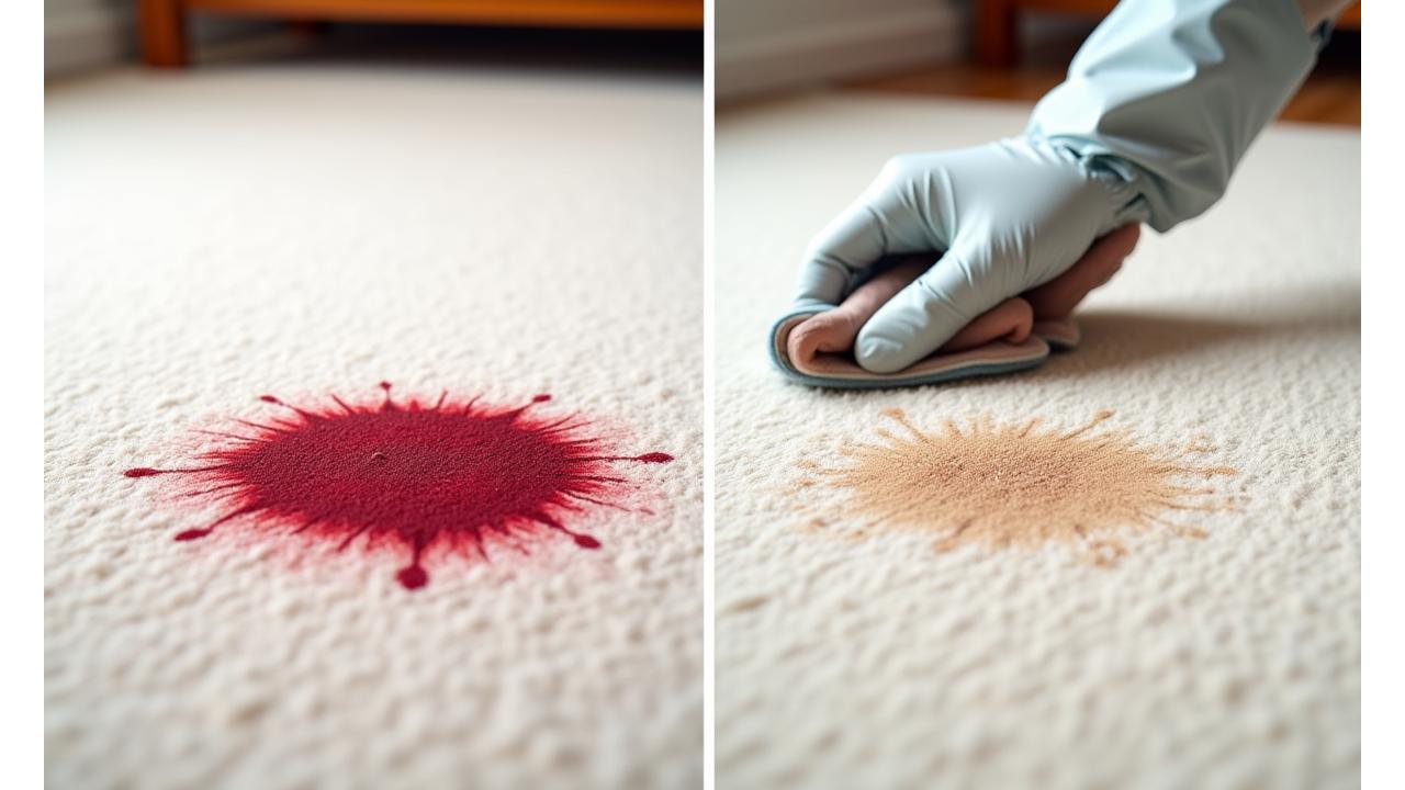 얼룩진 카펫의 일부와 전문 청소 장비를 이용해 얼룩을 제거하는 클로즈업 손 모습, 청소 후 깨끗해진 부분과 대비됨