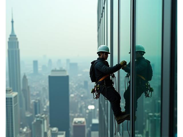 고층 빌딩 외벽 유리창을 로프 접근 방식으로 청소하는 모습