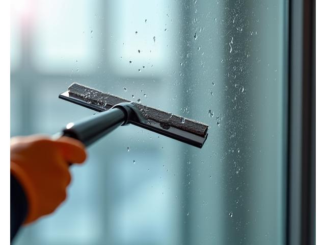 전문가가 스퀴지를 사용하여 창문을 물방울 자국 없이 청소하는 클로즈업